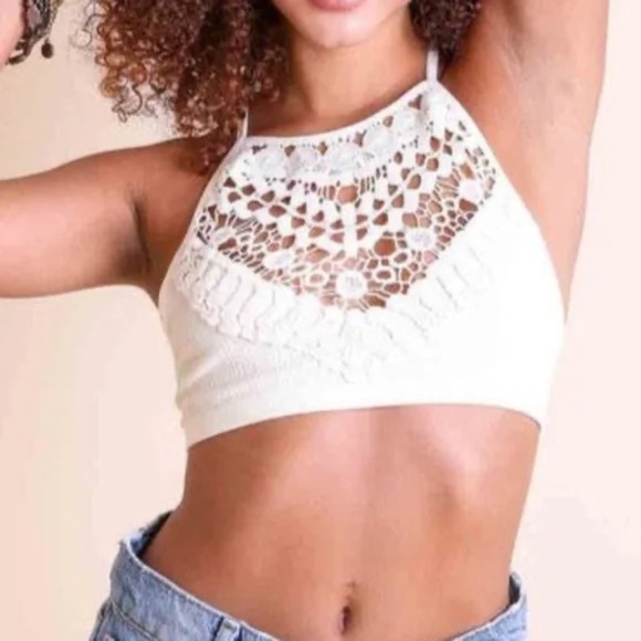 Blush Light Pink Boho Crochet Lace Detail High Neck Bralette - Picture 8 of 9